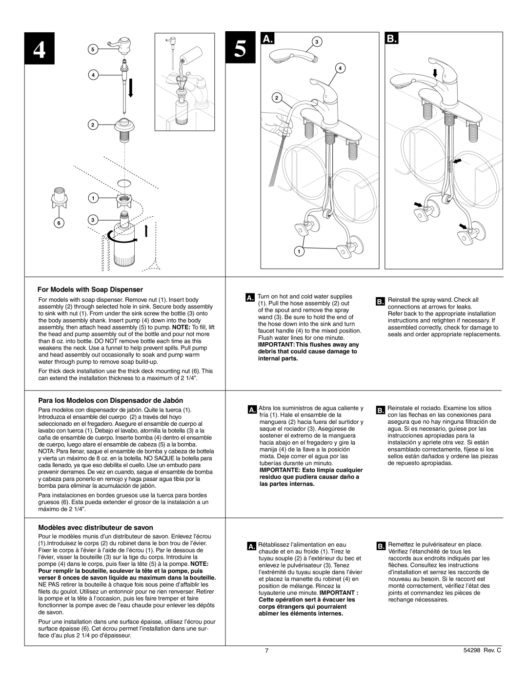 Delta 473-DST Important This flushes away any, Debris that could cause damage to, Internal parts, Las partes internas 