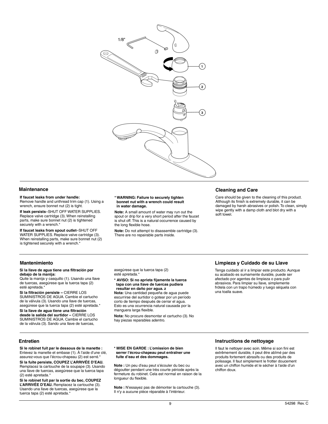 Delta 472-DST Series, 470-WE-DST Maintenance, Cleaning and Care, Mantenimiento, Limpieza y Cuidado de su Llave, Entretien 