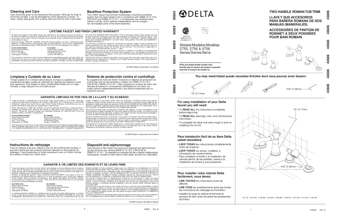 Delta 2755 Series, 4756 Series, 2756 Series warranty Cleaning and Care Backflow Protection System, 43606, 32 2.38mm 