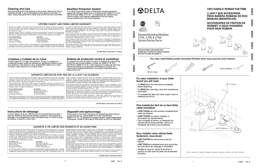 Delta 2755 Series, 4756 Series, 2756 Series warranty Models/Modelos/Modèles, 2755, 2756, Series/Series/Seria 