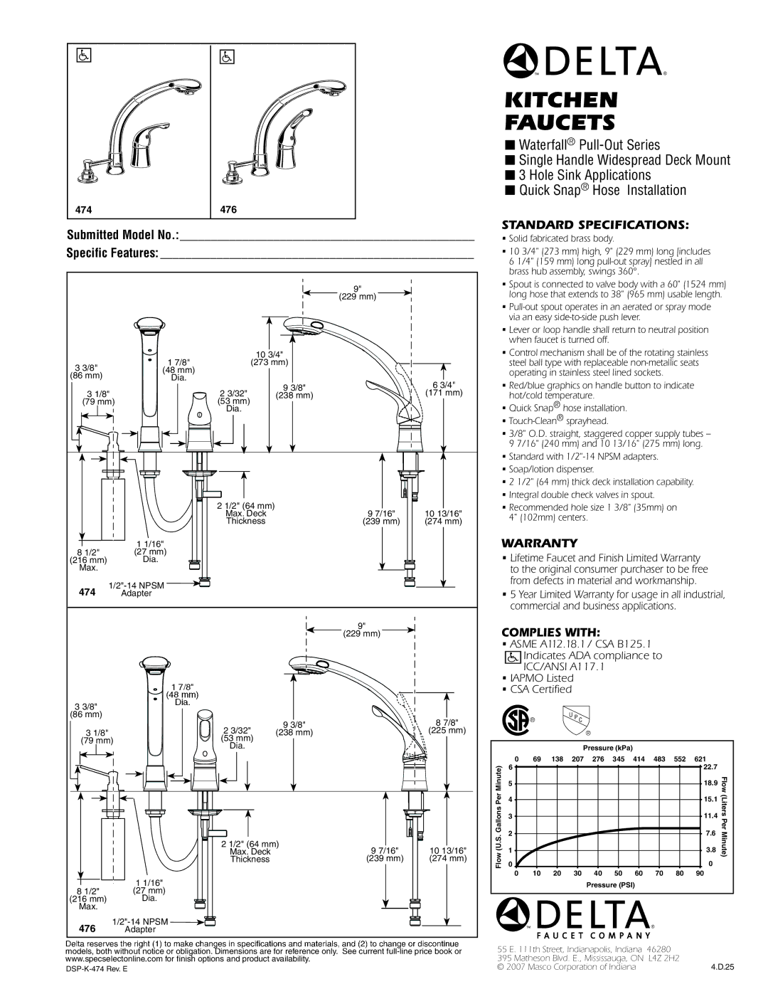 Delta 476 warranty Kitchen Faucets, Standard Specifications, Warranty, Complies with 