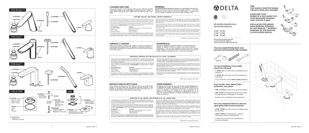 Delta 4785 Series warranty RP44584 RP44586 RP18357 RP44748 RP44582 H619 RP152, RP44585 RP44586 RP18357 RP44748 RP44583 