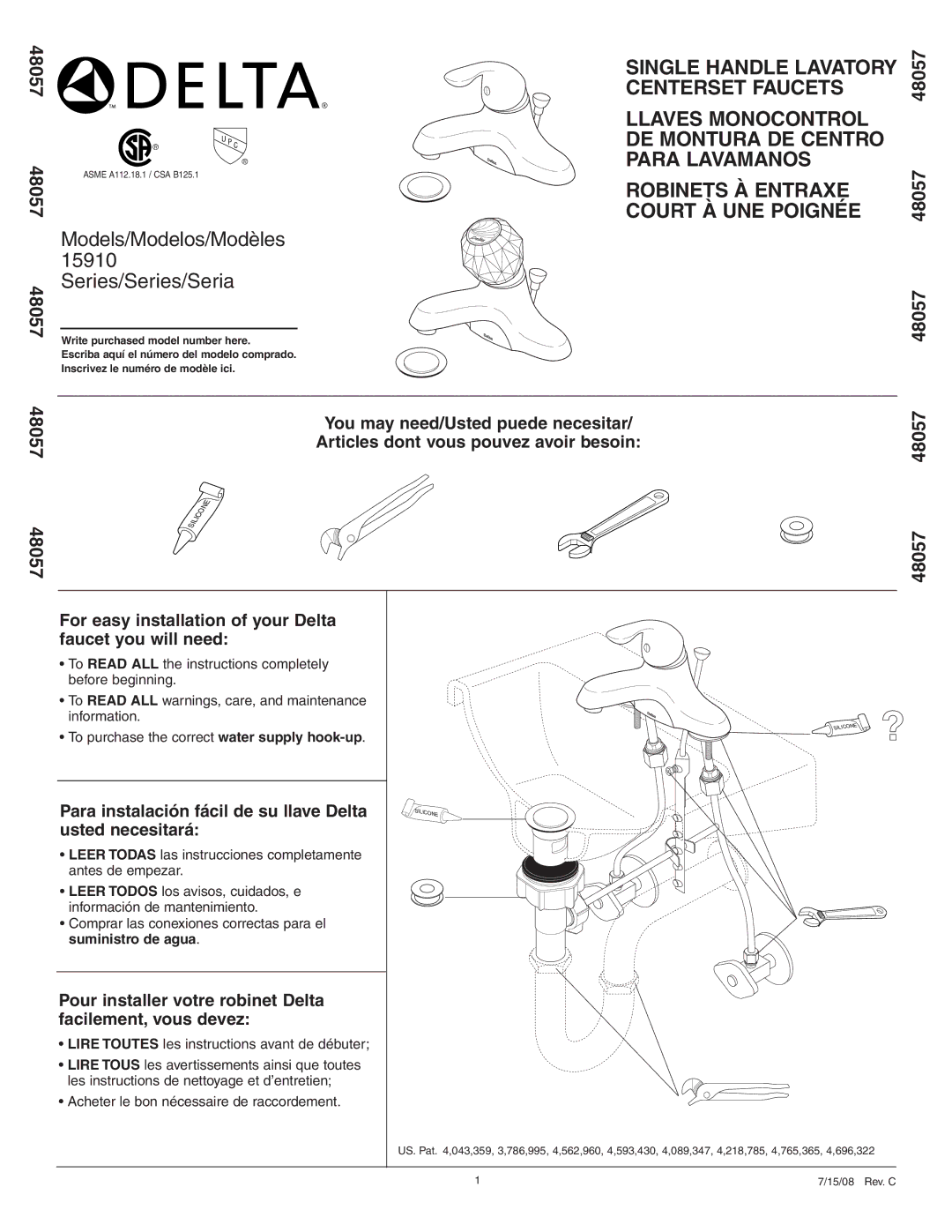 Delta 15910 manual Lire Toutes les instructions avant de débuter, Acheter le bon nécessaire de raccordement, 48057 