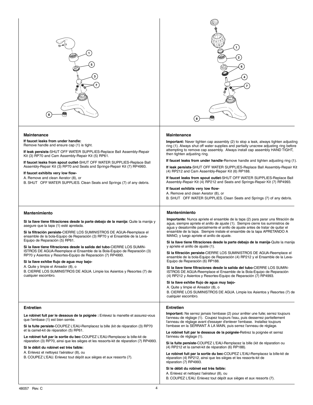 Delta 48057, 15910 manual Maintenance, Mantenimiento, Entretien 