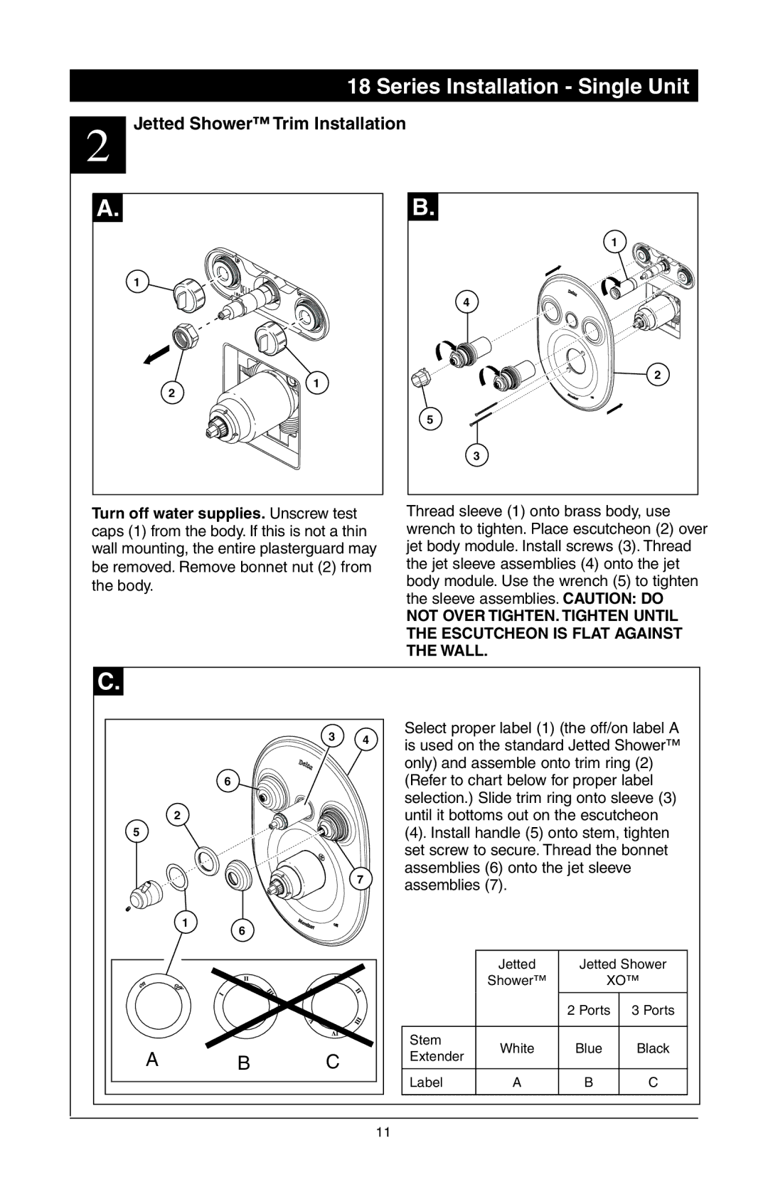 Delta T18255 Series, 48313, T18240 Series, T18455 Series manual Jetted Shower Trim Installation 