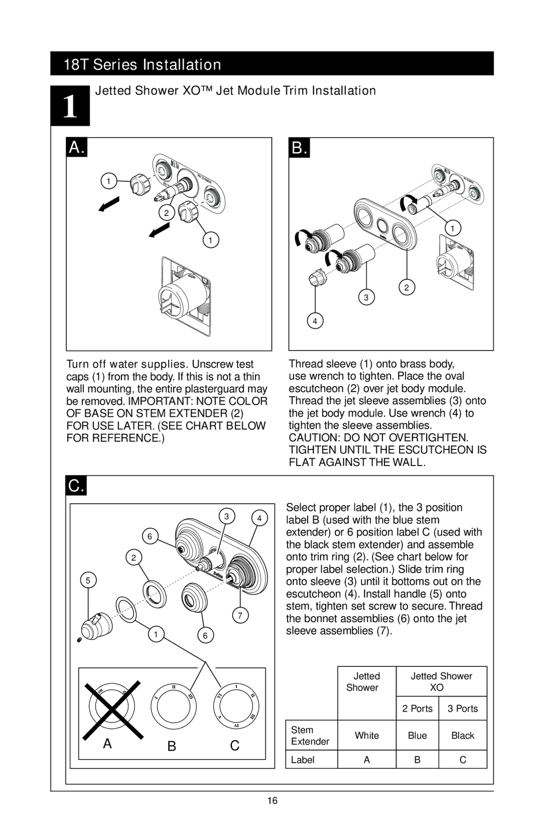 Delta T18240 Series, 48313, T18255 Series, T18455 Series manual Jetted Shower XO Jet Module Trim Installation 