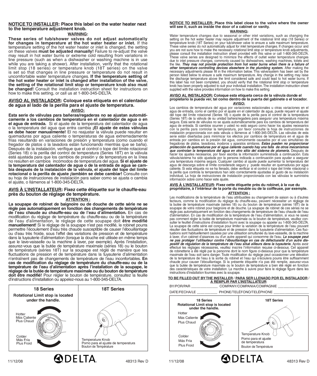 Delta T18240 Series, 48313, T18255 Series, T18455 Series manual Rotational Limit stop is located, Under the handle 