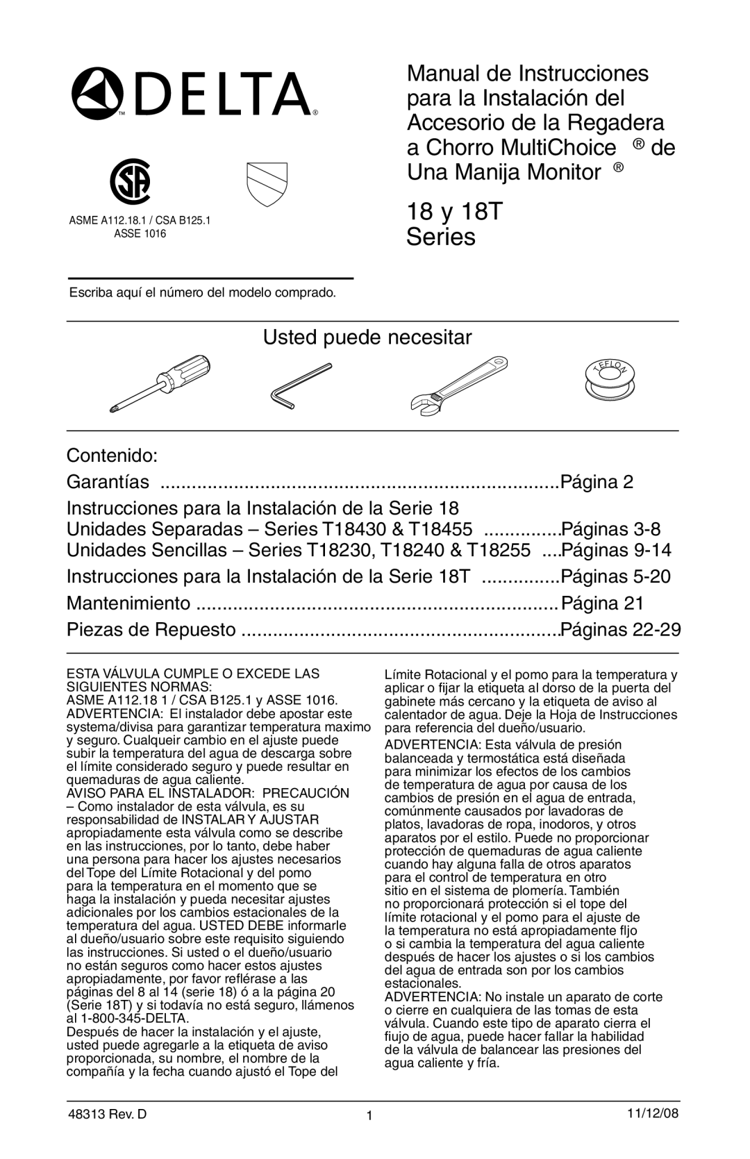 Delta T18255 Series, 48313, T18240 Series, T18455 Series manual 18 y 18T Series, Escriba aquí el número del modelo comprado 