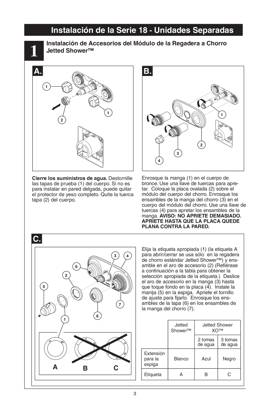 Delta T18455 Series, 48313, T18255 Series, T18240 Series manual Instalación de la Serie 18 Unidades Separadas, Jetted Shower 