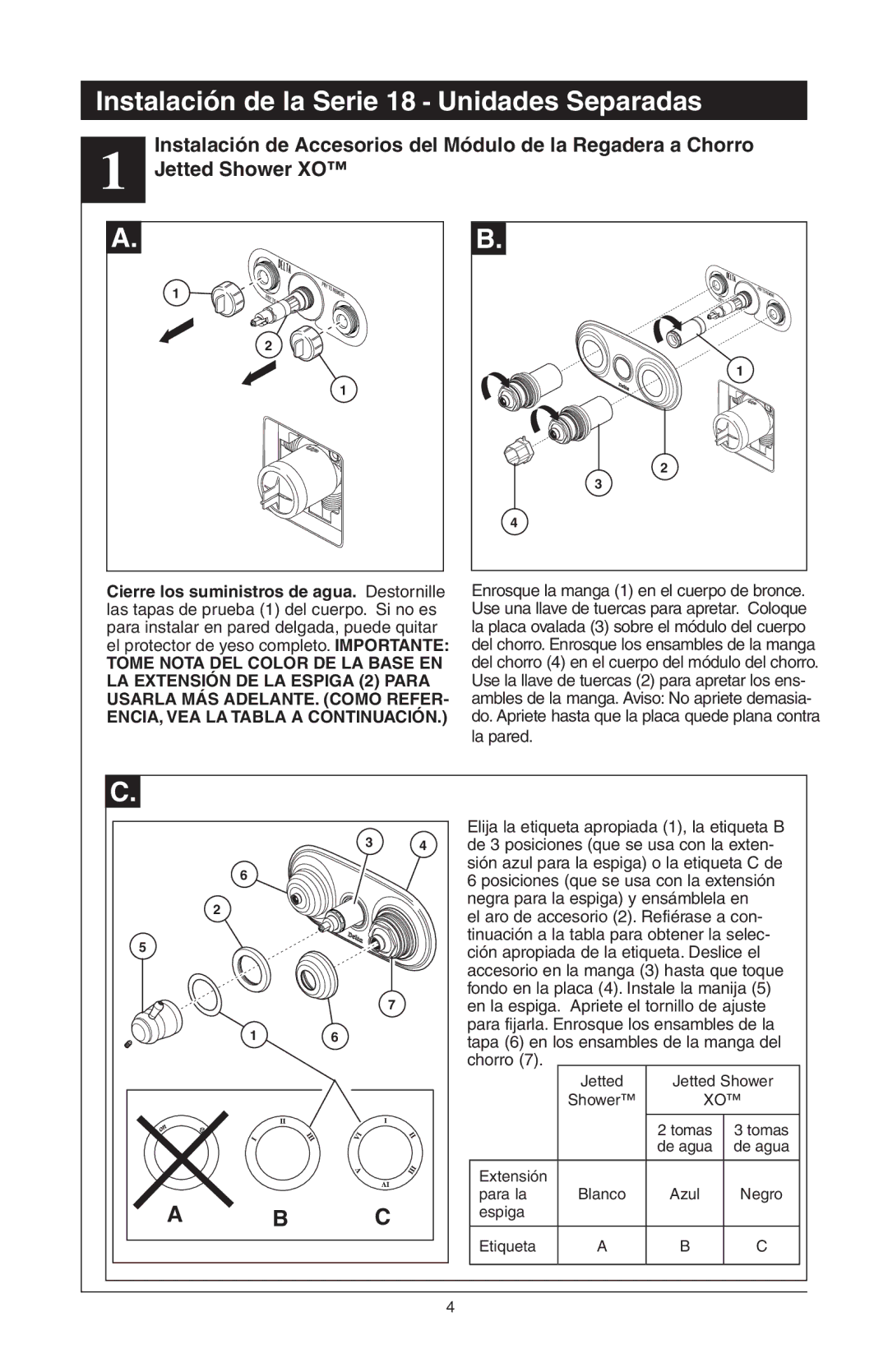 Delta 48313, T18255 Series, T18240 Series, T18455 Series manual Jetted Shower XO, La pared 