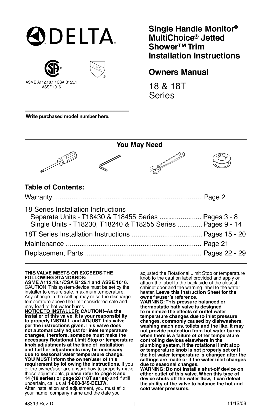 Delta T18455 Series, 48313, T18255 Series, T18240 Series manual 18 & 18T Series 