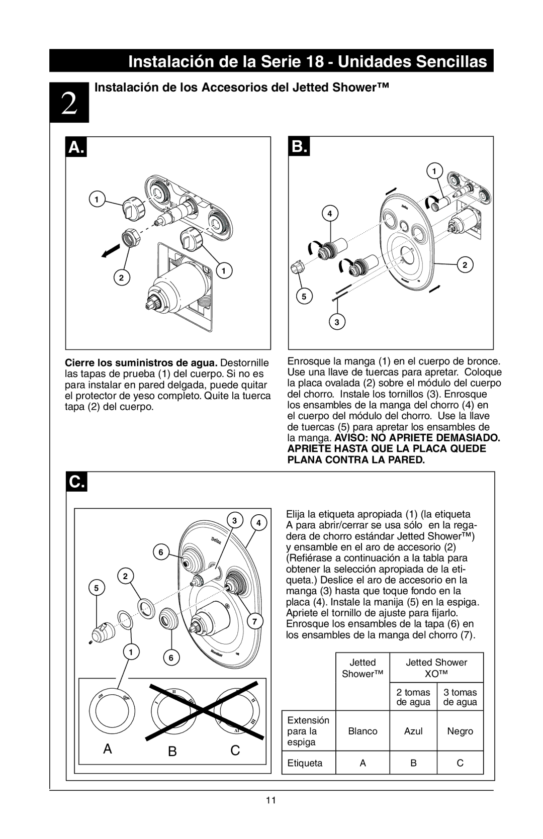 Delta T18455 Series, 48313, T18255 Series, T18240 Series manual Instalación de los Accesorios del Jetted Shower 