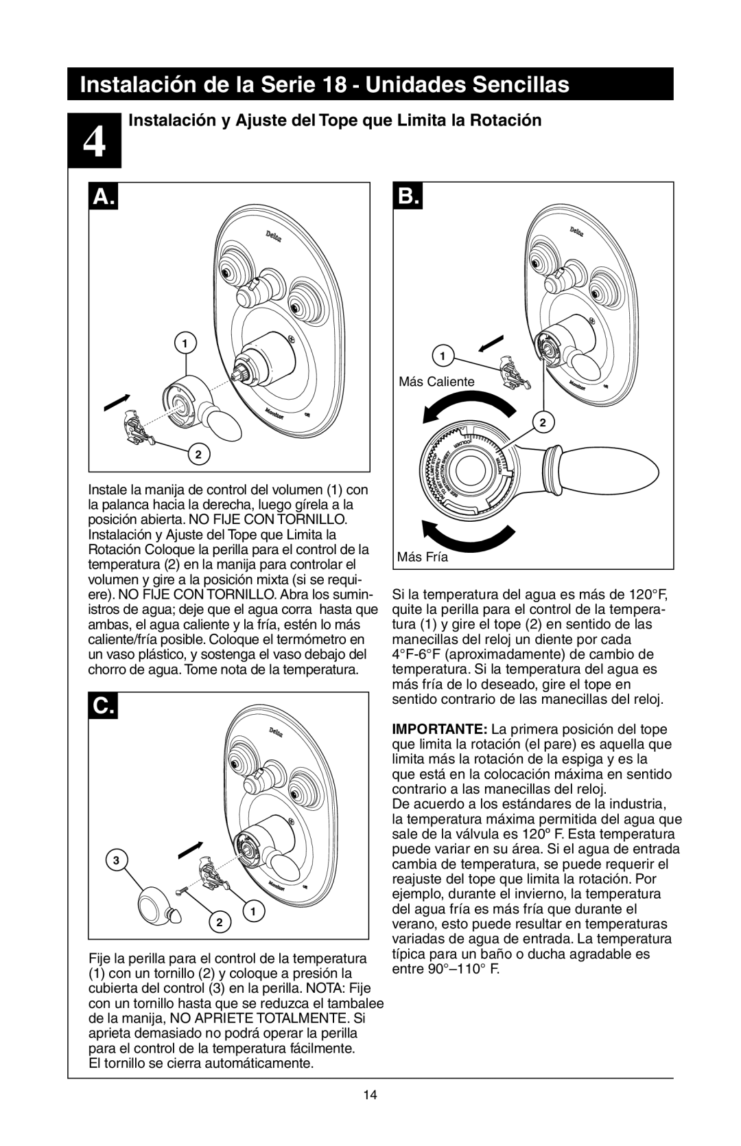 Delta T18240 Series, 48313 manual Fije la perilla para el control de la temperatura, El tornillo se cierra automáticamente 