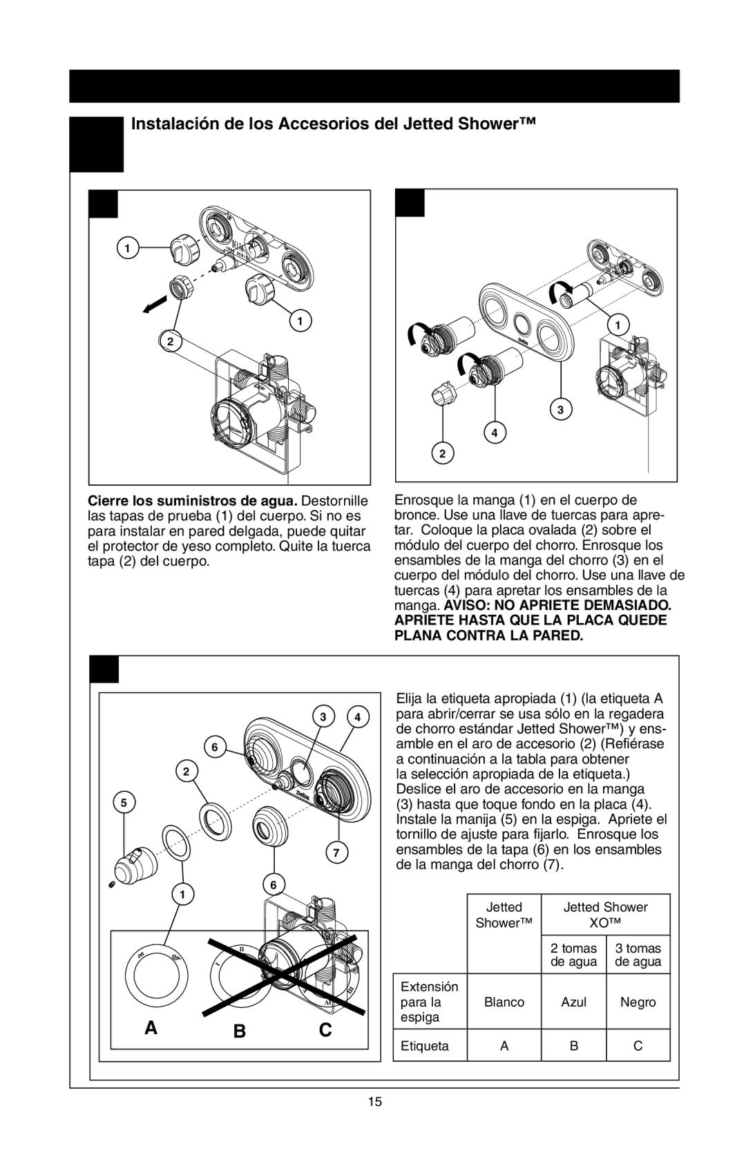 Delta T18455 Series, 48313, T18255 Series manual Instalación de la Serie 18T, Instalación de los Accesorios del Jetted Shower 