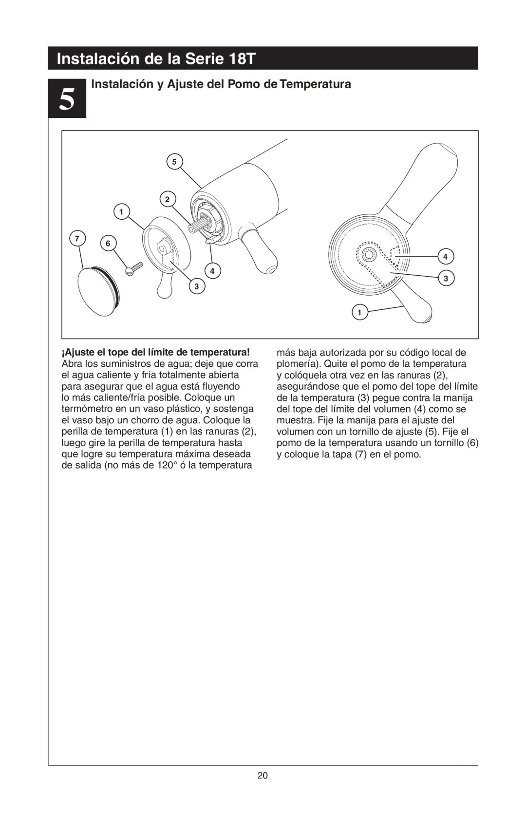 Delta 48313, T18255 Series, T18240 Series, T18455 Series manual Instalación y Ajuste del Pomo de Temperatura 