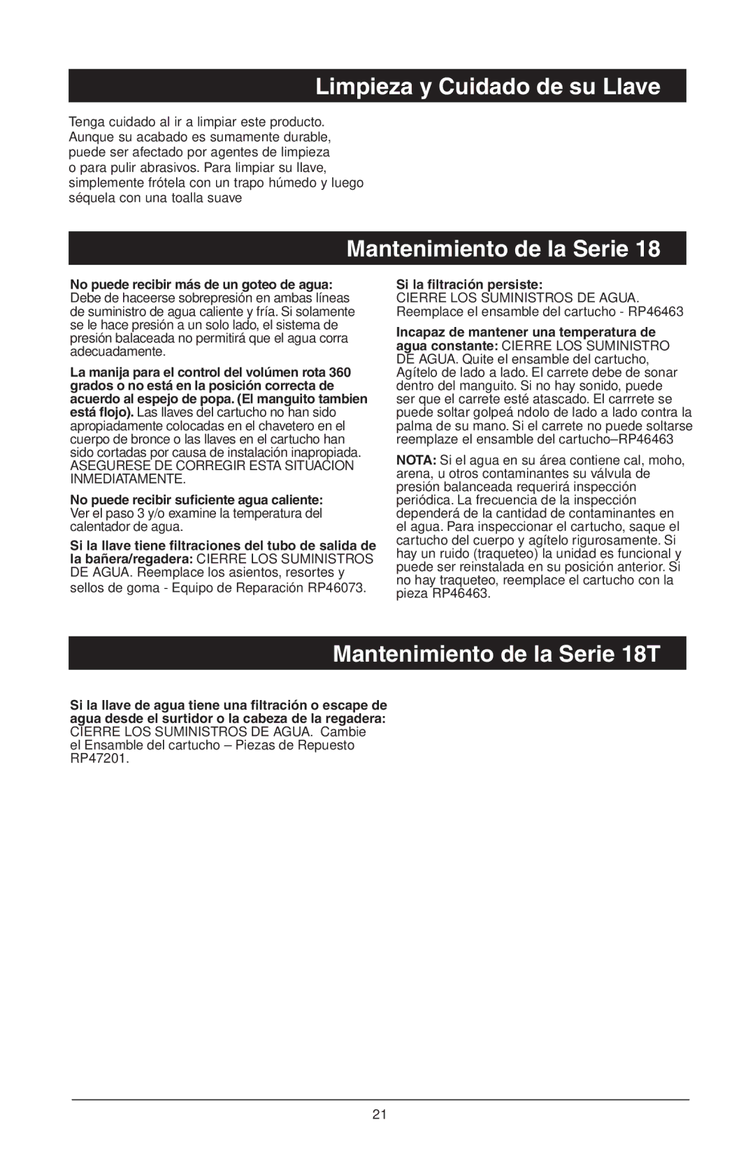 Delta T18255 Series, 48313 Limpieza y Cuidado de su Llave, Mantenimiento de la Serie 18T, Si la filtración persiste 