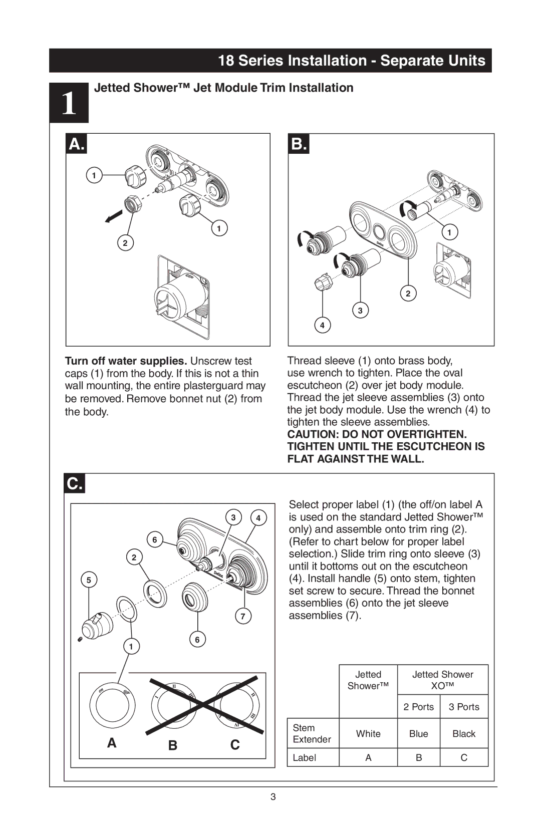 Delta T18255 Series, 48313, T18240 Series Series Installation Separate Units, Jetted Shower Jet Module Trim Installation 