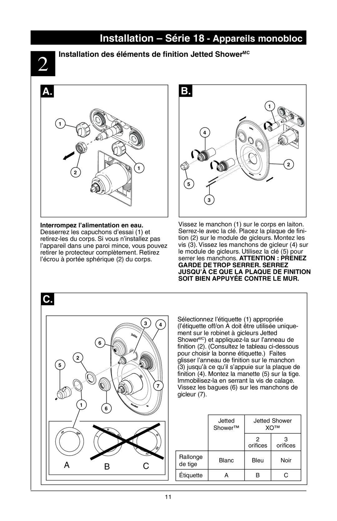 Delta T18255 Series, 48313, T18240 Series, T18455 Series manual Installation des éléments de finition Jetted ShowerMC 