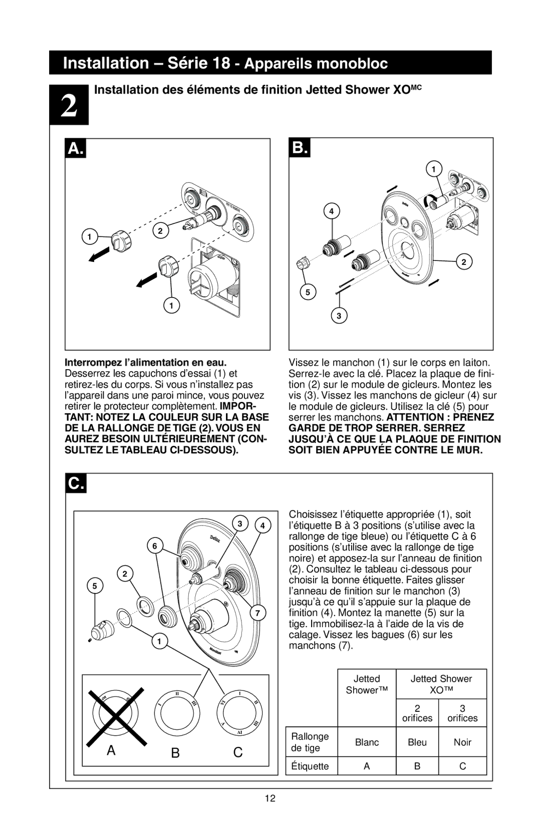 Delta T18240 Series, 48313, T18255 Series, T18455 Series manual Installation des éléments de finition Jetted Shower Xomc 