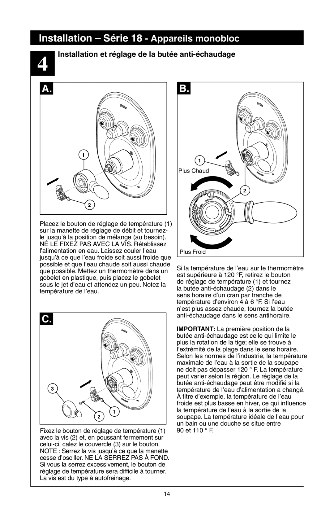 Delta 48313, T18255 Series, T18240 Series, T18455 Series manual Installation et réglage de la butée anti-échaudage 