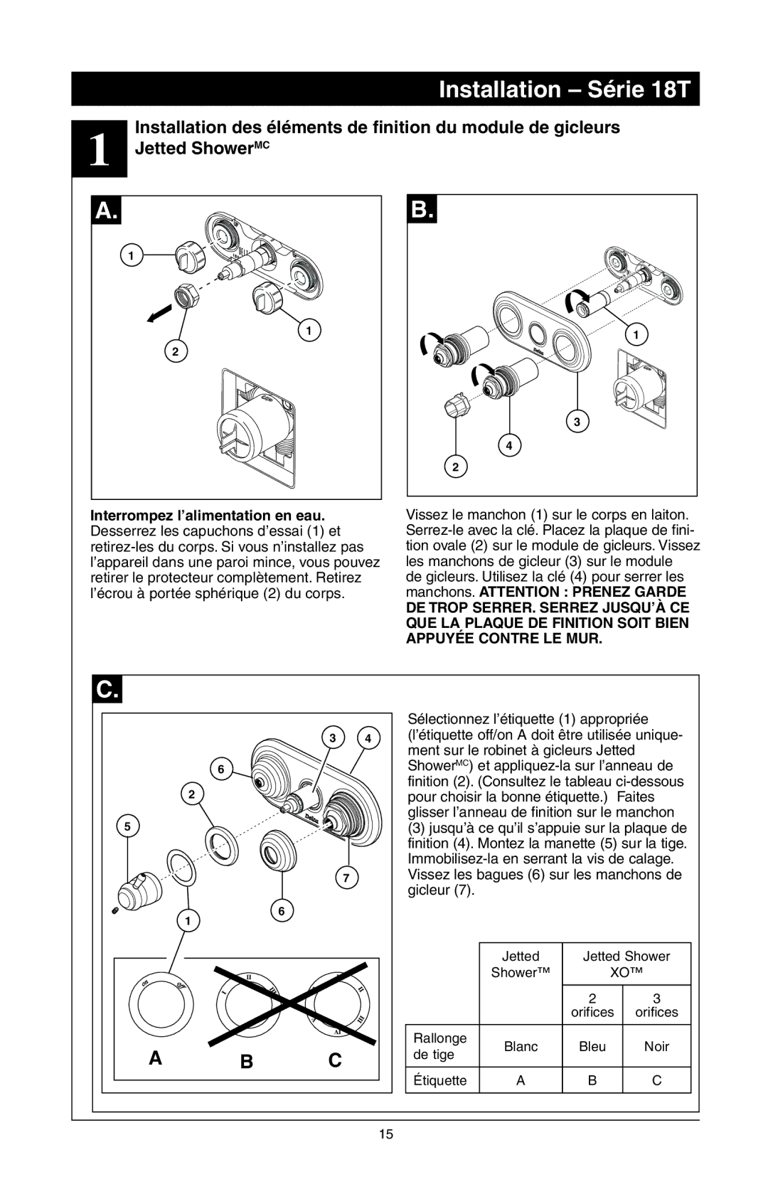 Delta T18255 Series, 48313, T18240 Series, T18455 Series manual Installation Série 18T, Jetted Shower MC 