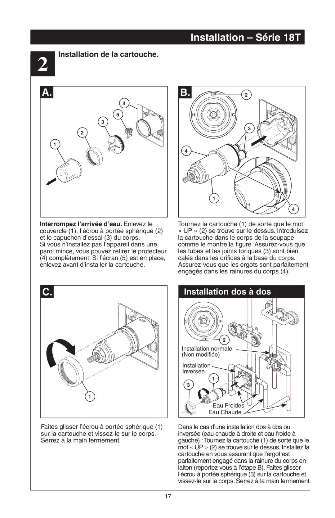 Delta T18455 Series, 48313, T18255 Series manual Installation de la cartouche, Tournez la cartouche 1 de sorte que le mot 