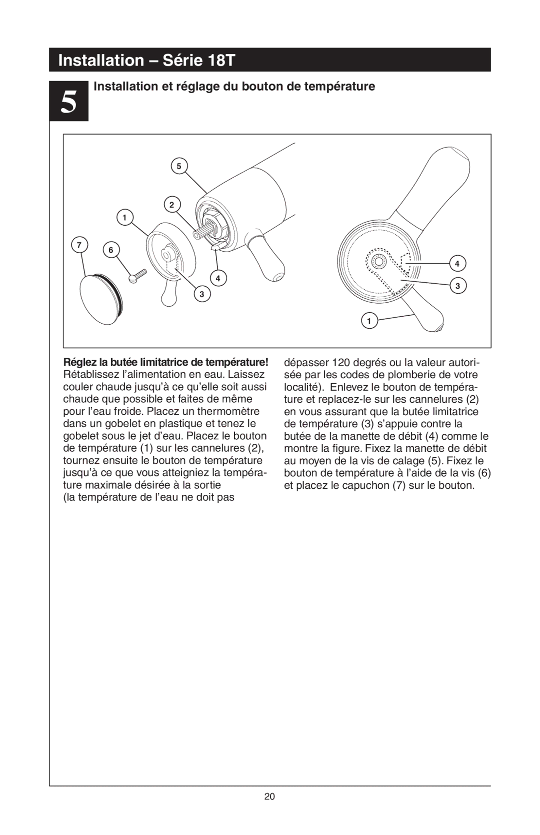 Delta T18240 Series, 48313, T18255 Series, T18455 Series manual Installation et réglage du bouton de température 