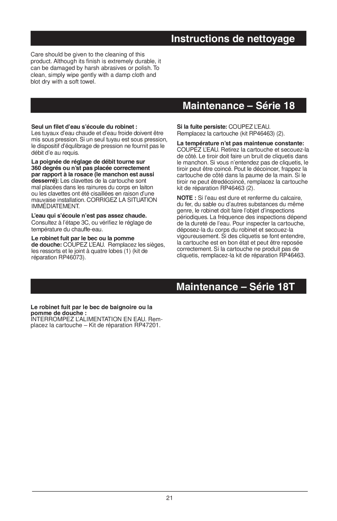 Delta T18455 Series, 48313, T18255 Series, T18240 Series manual Instructions de nettoyage, Maintenance Série 18T 