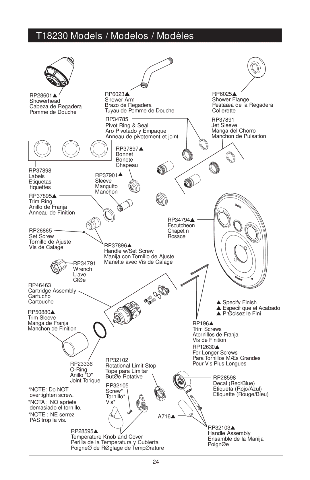Delta T18240 Series T18230 Models / Modelos / Modèles, RP28601 RP6023 RP6025, RP34785 RP37891, RP34794, RP28595 RP32103 