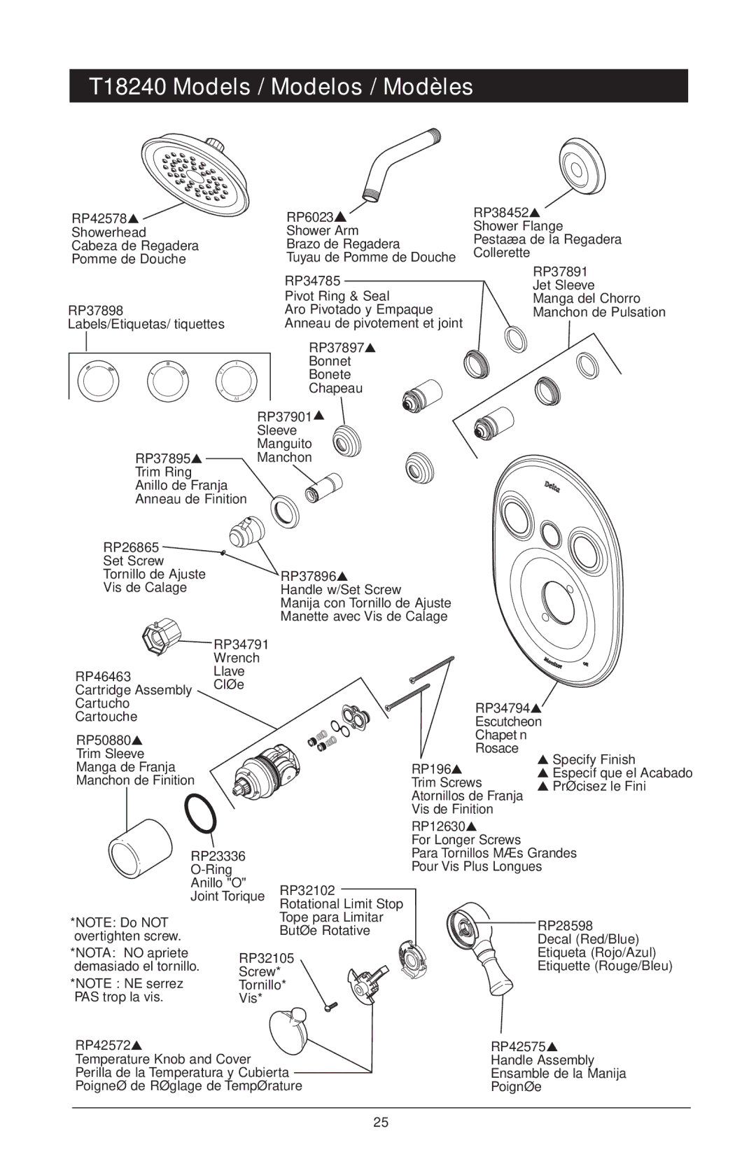 Delta T18455 Series, 48313, T18255 Series, T18240 Series T18240 Models / Modelos / Modèles, RP6023 RP38452, RP42572 RP42575 