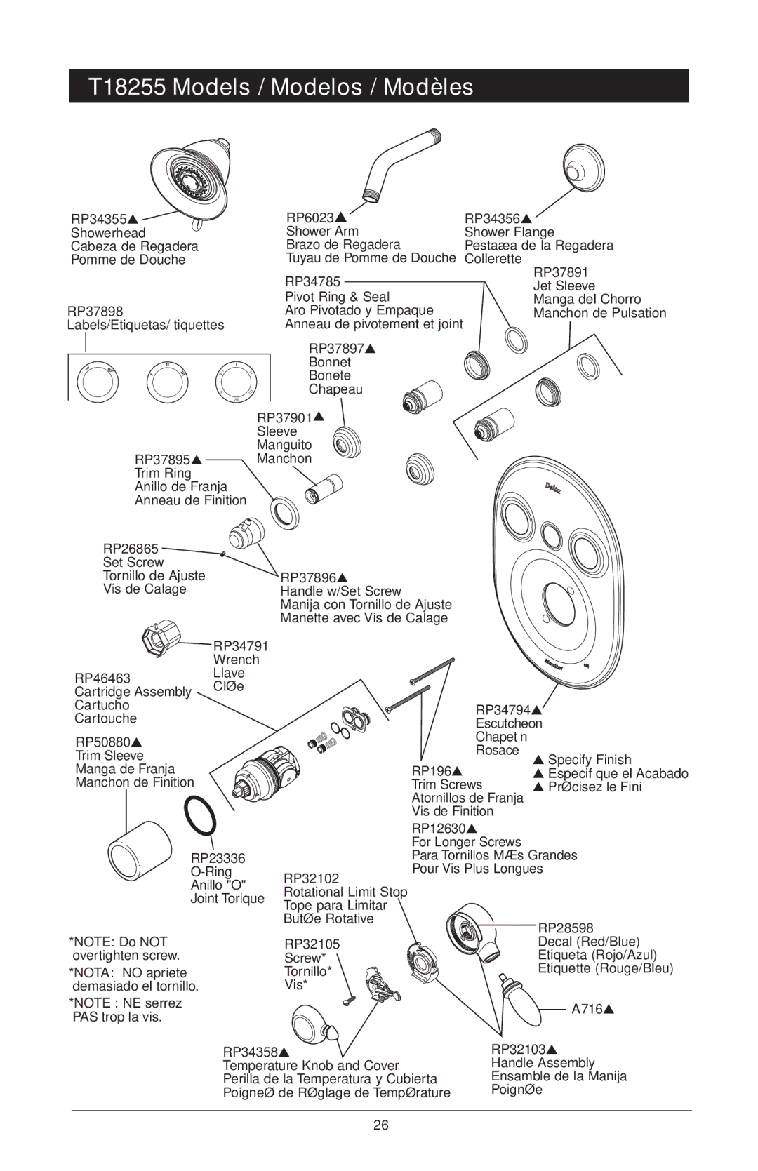 Delta 48313, T18255 Series, T18240 Series, T18455 Series T18255 Models / Modelos / Modèles, RP6023 RP34356, RP34358 RP32103 