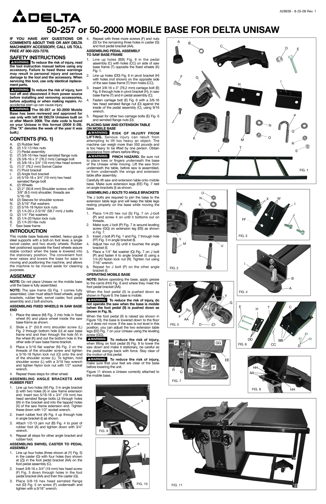 Delta instruction manual 50-257 or 50-2000 Mobile Base for Delta Unisaw 