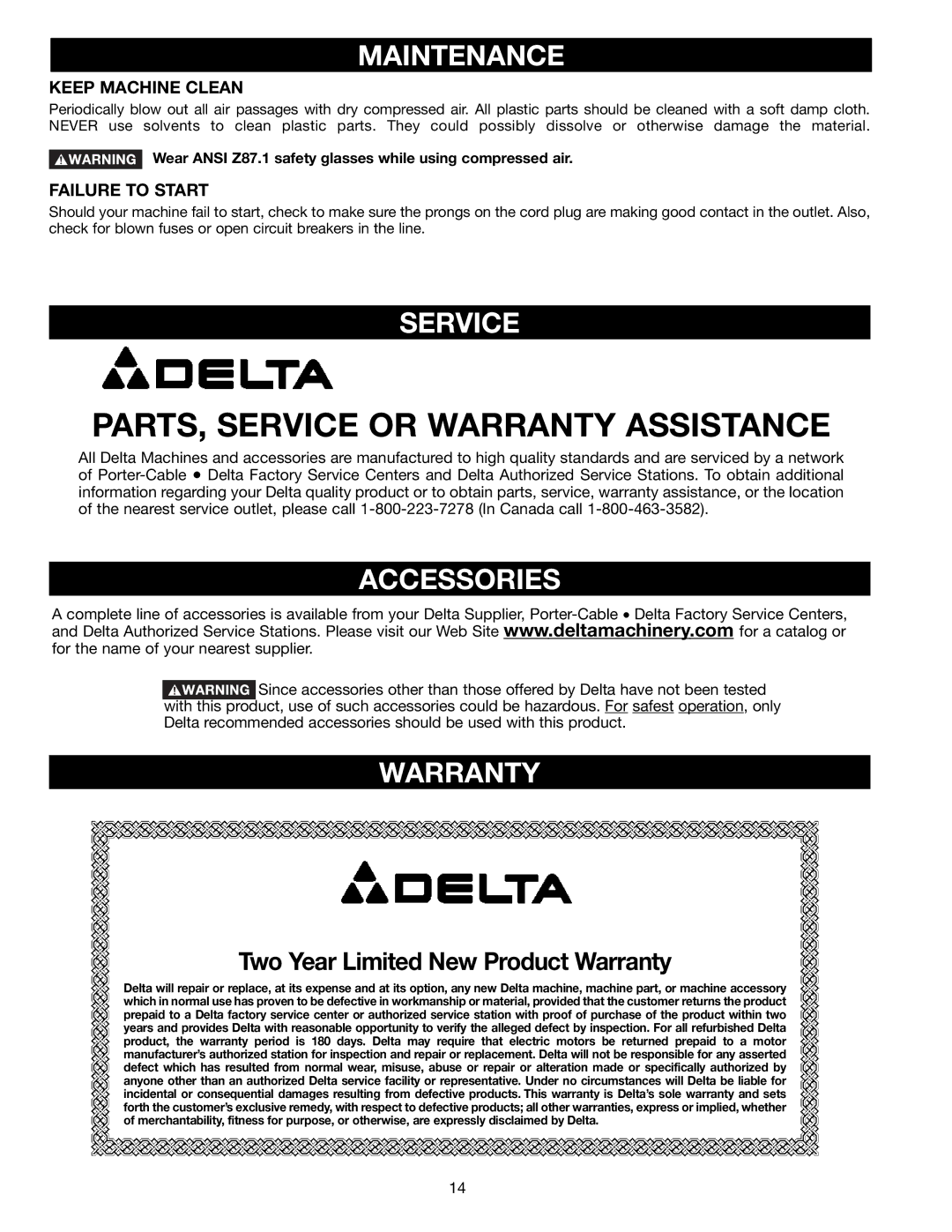 Delta 50-760 instruction manual Maintenance, Service, Accessories, Warranty 