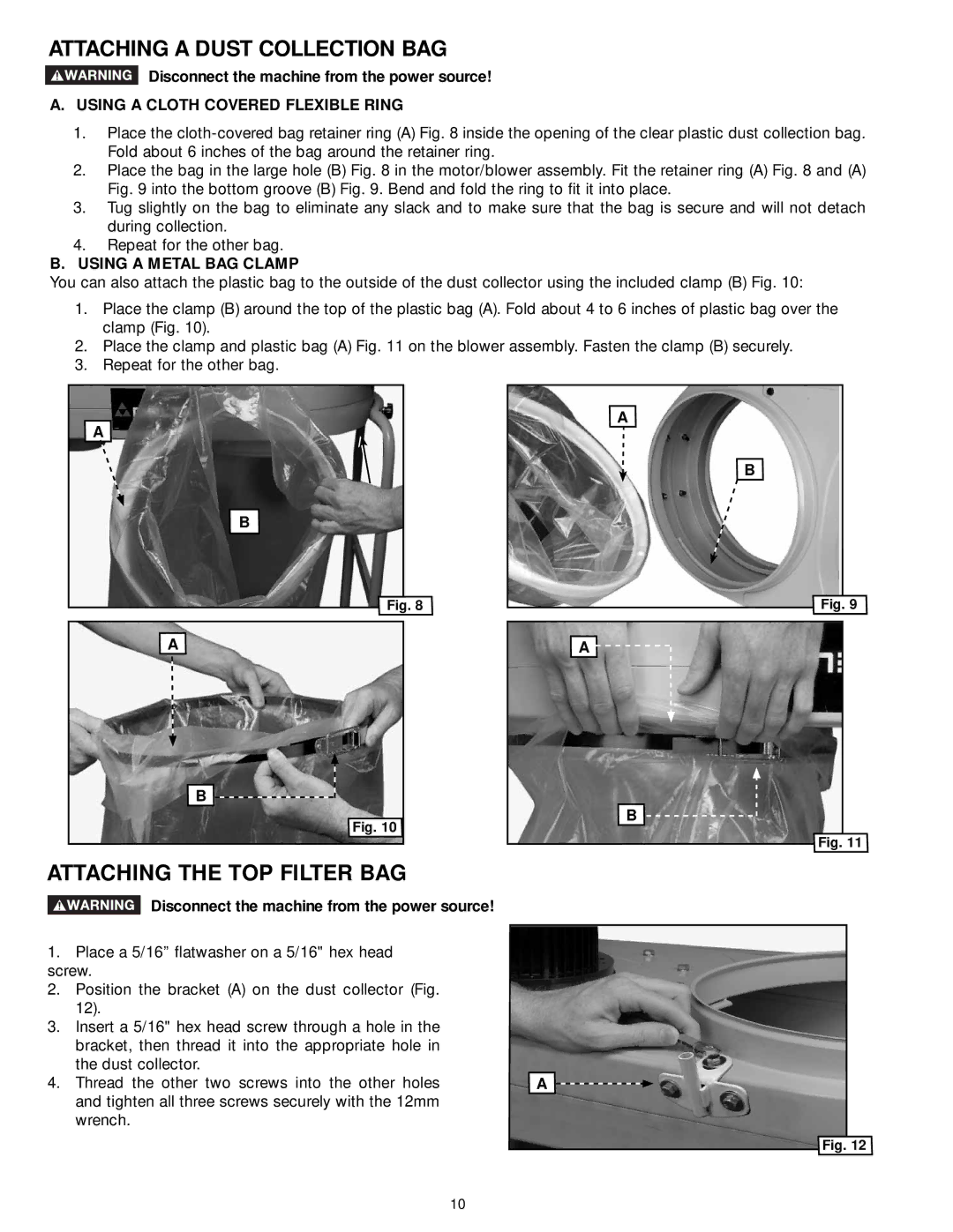 Delta 50-762, 50-763 Attaching a Dust Collection BAG, Attaching the TOP Filter BAG, Using a Cloth Covered Flexible Ring 