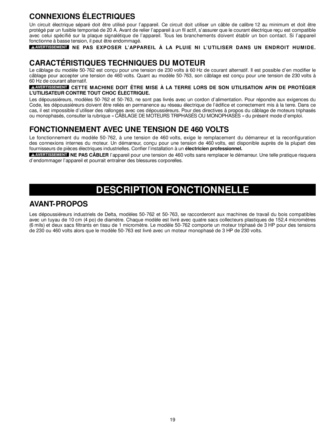 Delta 50-763 Description Fonctionnelle, Connexions Électriques, Caractéristiques Techniques DU Moteur, Avant-Propos 