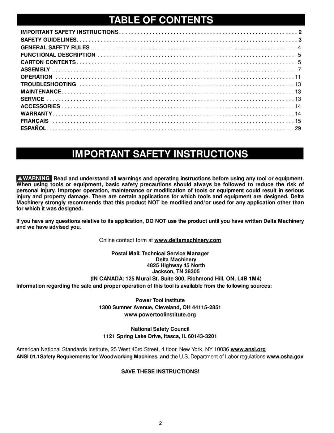 Delta 50-762, 50-763 instruction manual Table of Contents, Important Safety Instructions 