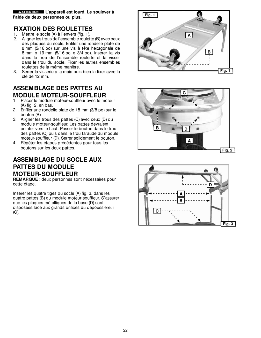 Delta 50-762, 50-763 instruction manual Fixation DES Roulettes, Assemblage DES Pattes AU Module MOTEUR-SOUFFLEUR 