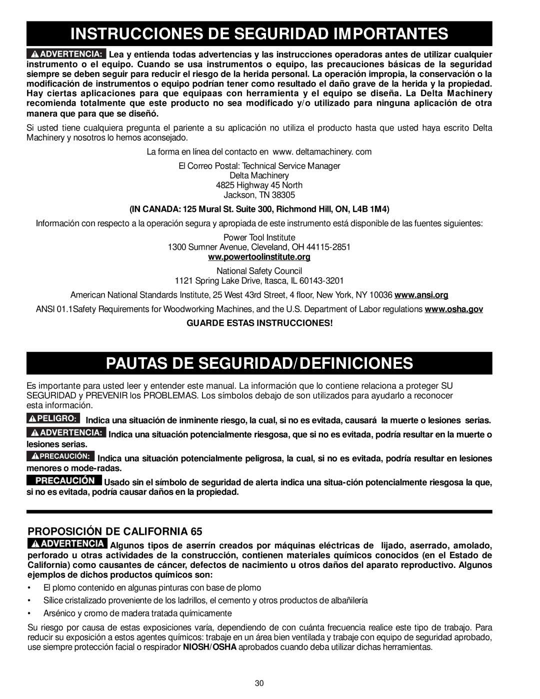 Delta 50-762, 50-763 Instrucciones DE Seguridad Importantes, Pautas DE SEGURIDAD/DEFINICIONES, Proposición DE California 