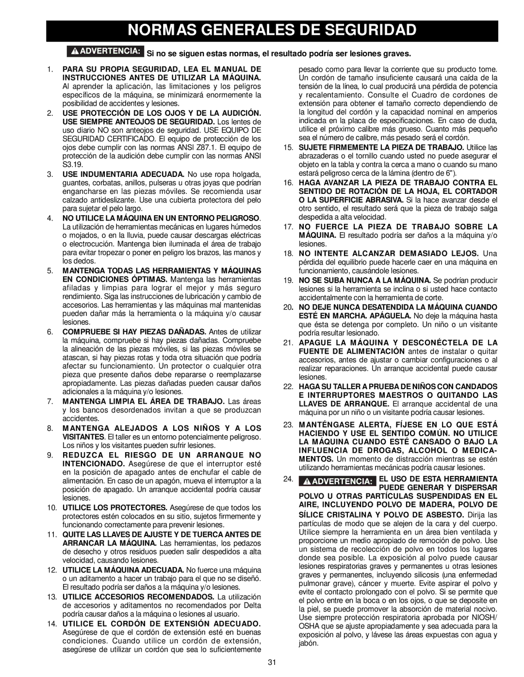 Delta 50-763, 50-762 instruction manual Normas Generales DE Seguridad, AIRE, Incluyendo Polvo DE MADERA, Polvo DE 