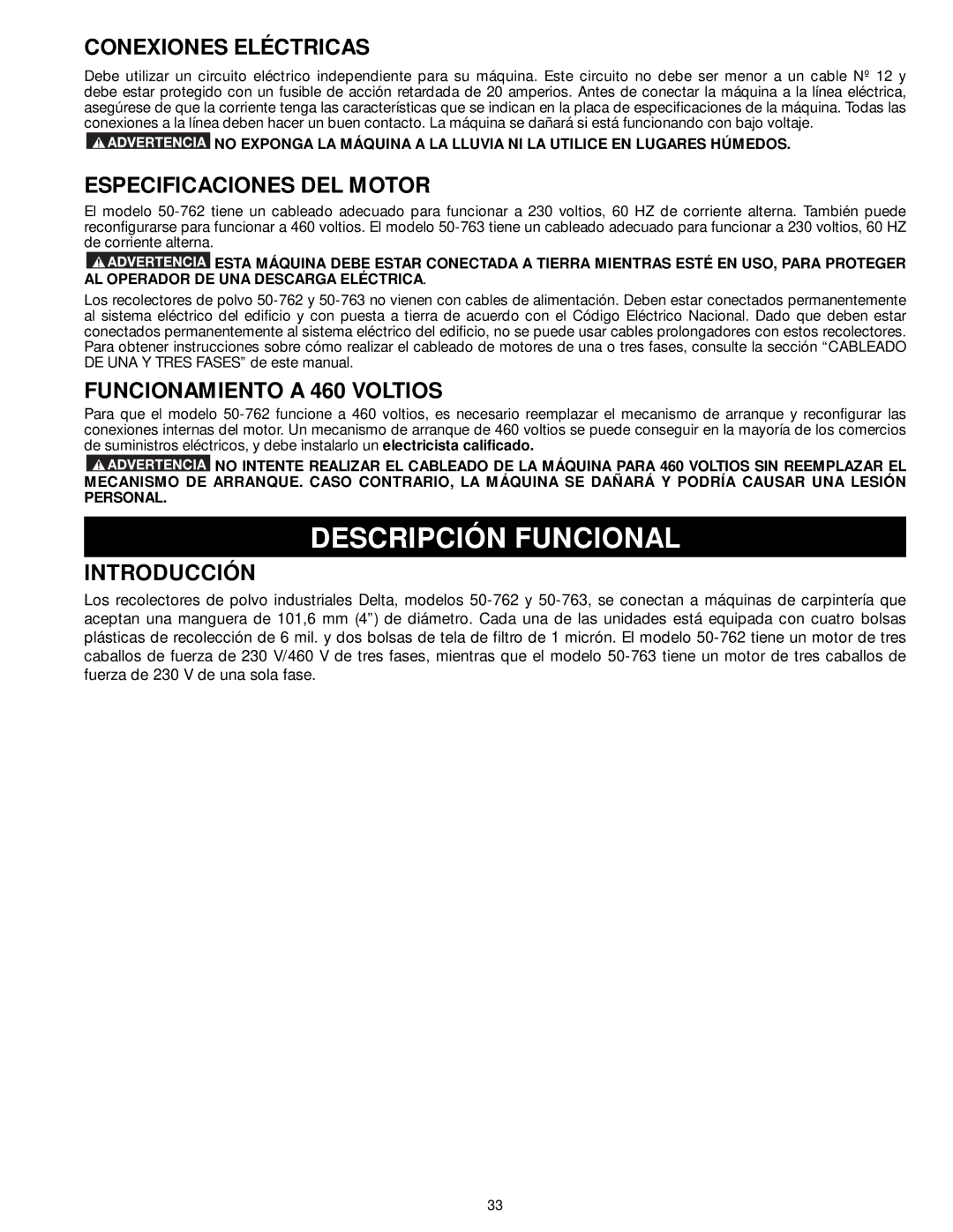 Delta 50-763 Descripción Funcional, Conexiones Eléctricas, Especificaciones DEL Motor, Funcionamiento a 460 Voltios 