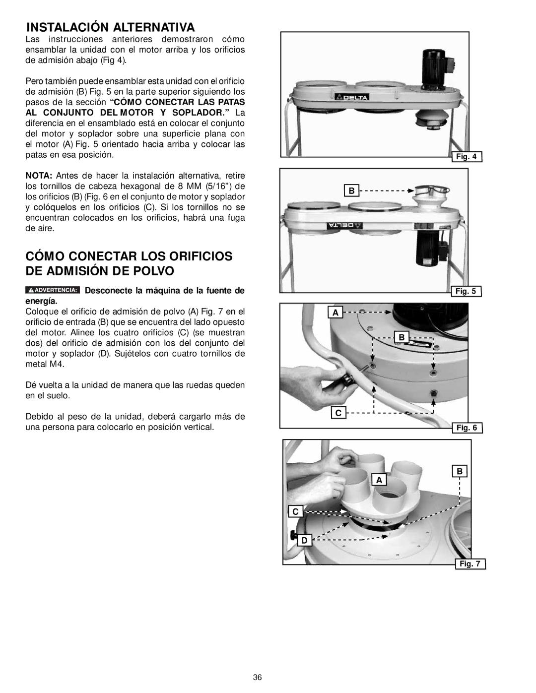 Delta 50-762, 50-763 instruction manual Instalación Alternativa, Cómo Conectar LOS Orificios DE Admisión DE Polvo 