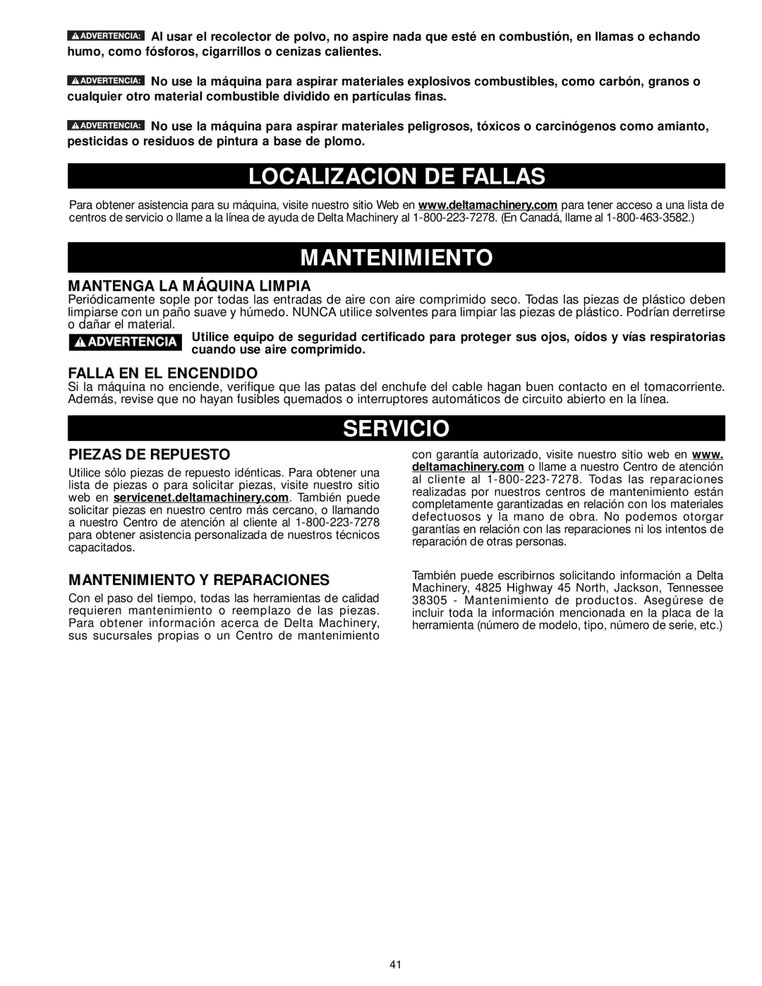 Delta 50-763, 50-762 instruction manual Localizacion DE Fallas Mantenimiento, Servicio 