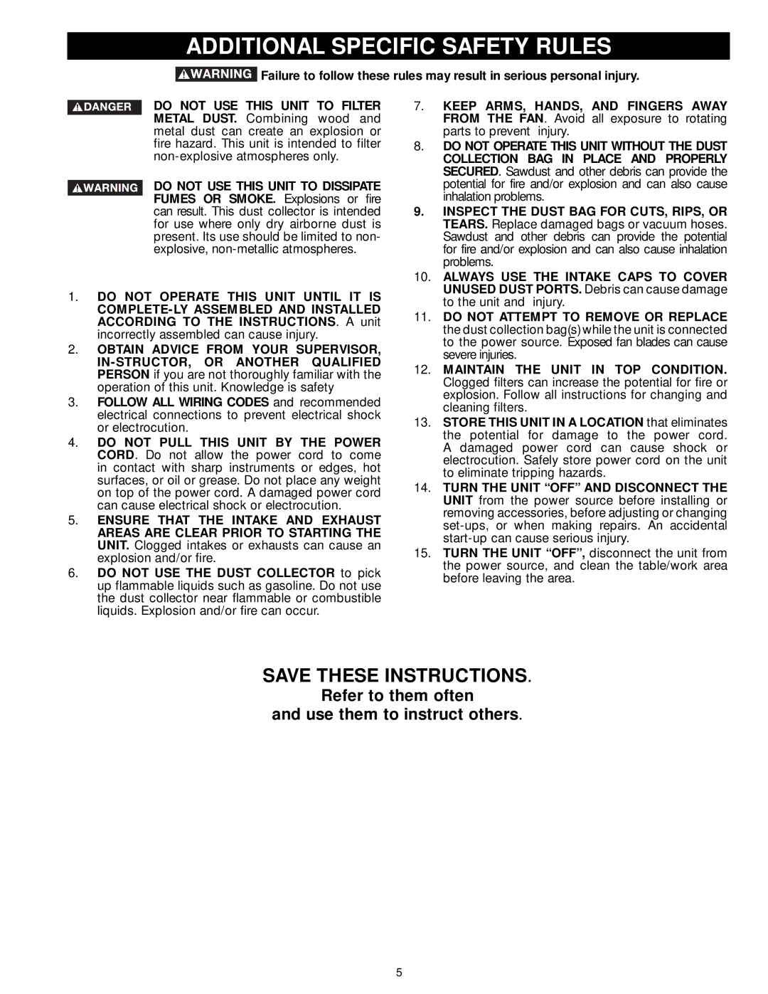 Delta 50-763, 50-762 instruction manual Additional Specific Safety Rules 