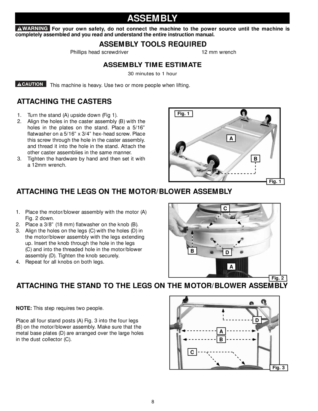 Delta 50-762, 50-763 Assembly Tools Required, Attaching the Casters, Attaching the Legs on the MOTOR/BLOWER Assembly 