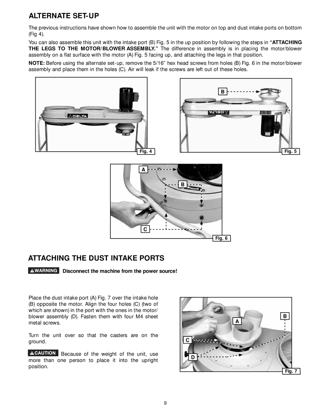 Delta 50-763, 50-762 instruction manual Alternate SET-UP, Attaching the Dust Intake Ports 