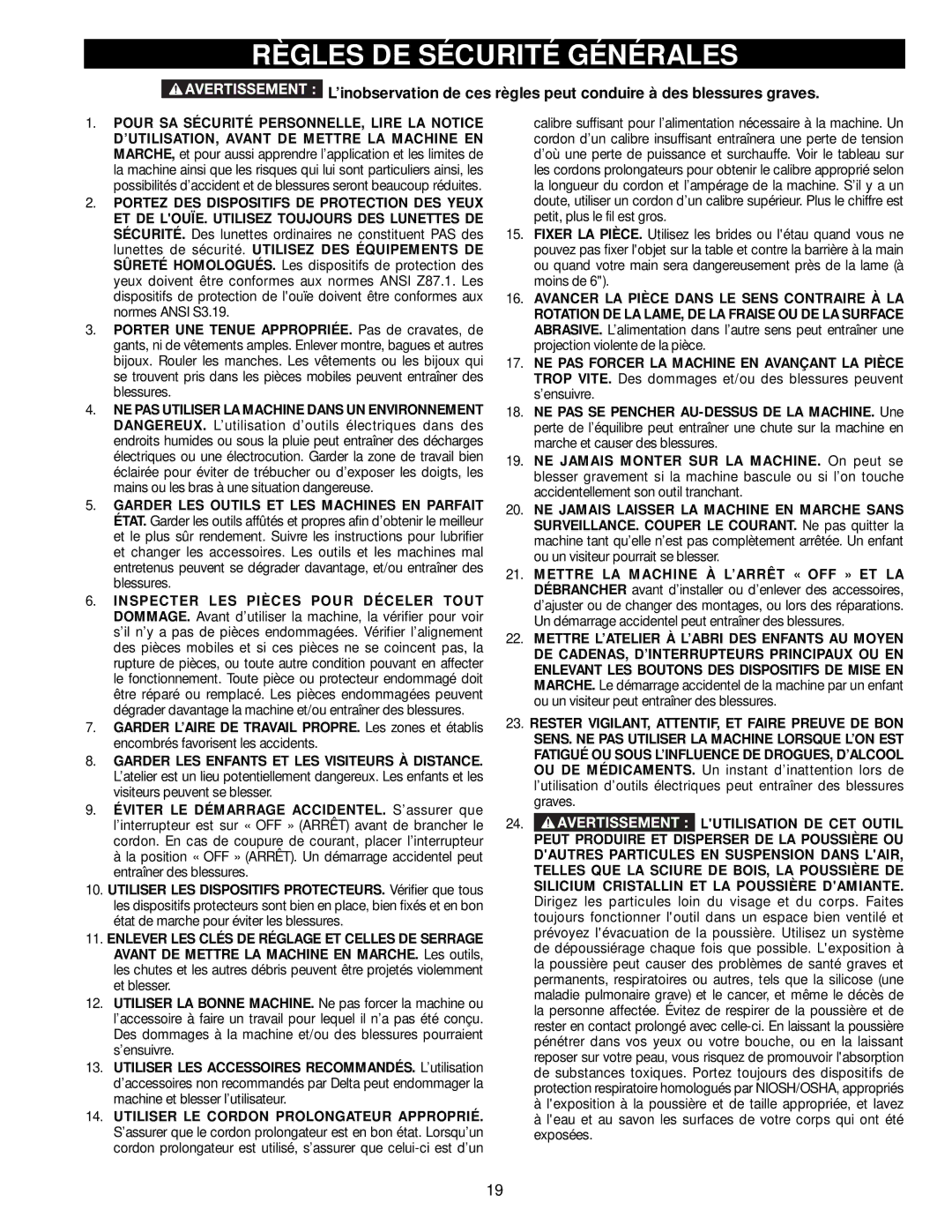 Delta 50-764, 50-765 instruction manual Règles DE Sécurité Générales, Lutilisation DE CET Outil 