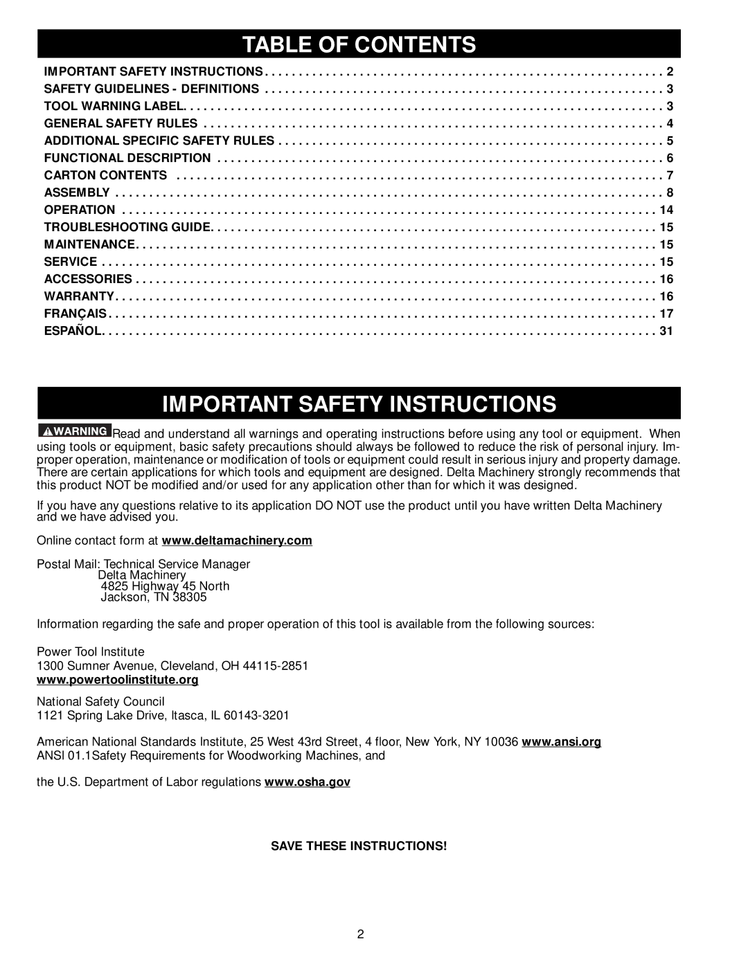 Delta 50-765, 50-764 instruction manual Table of Contents, Important Safety Instructions 