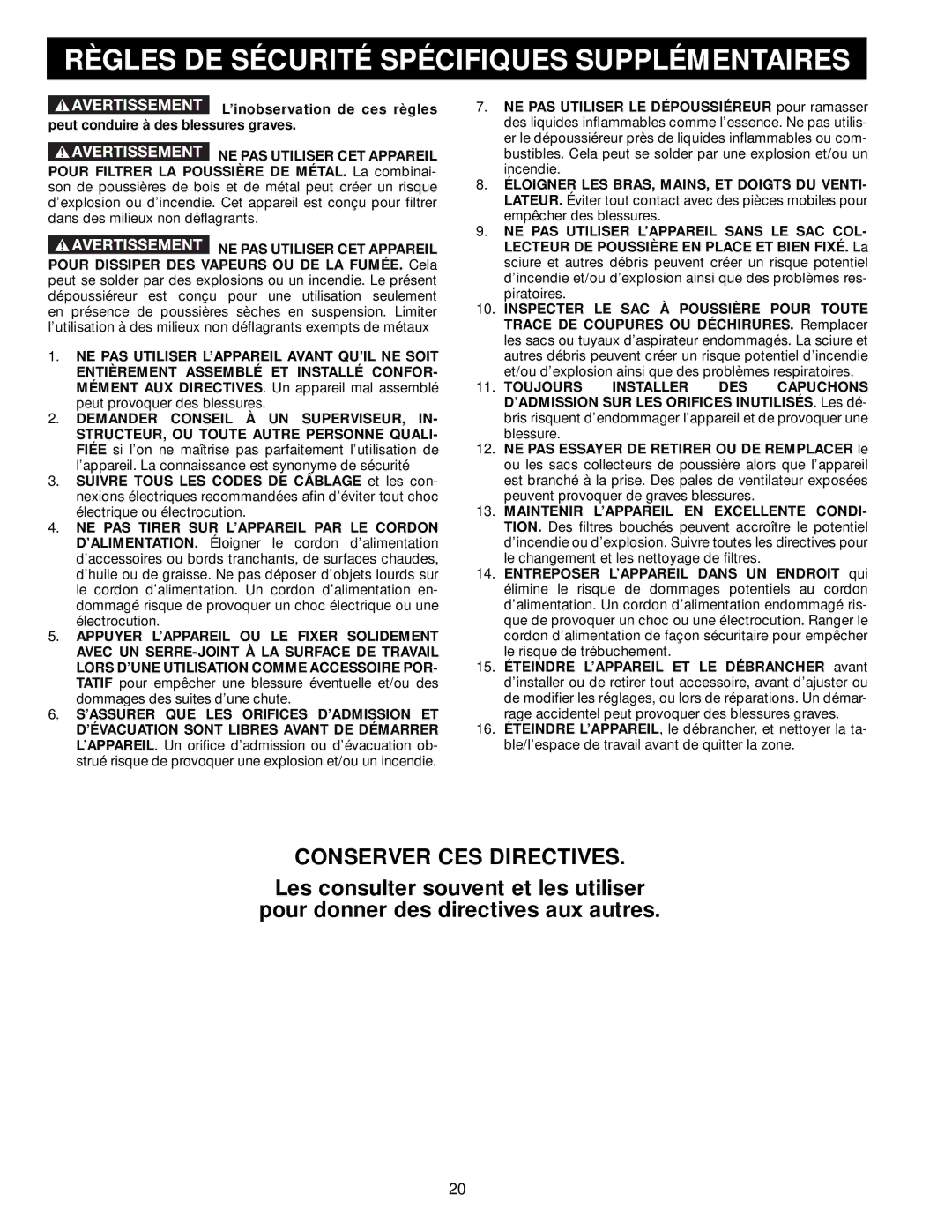 Delta 50-765, 50-764 instruction manual Règles DE Sécurité Spécifiques Supplémentaires, Conserver CES Directives 