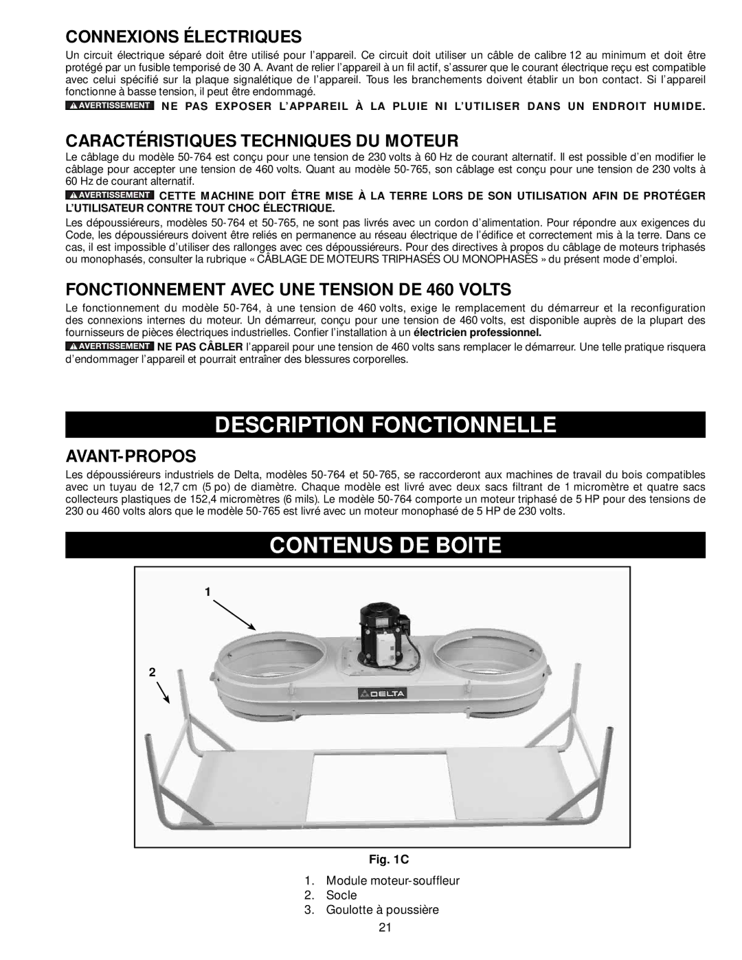 Delta 50-764, 50-765 instruction manual Description Fonctionnelle, Contenus DE Boite 