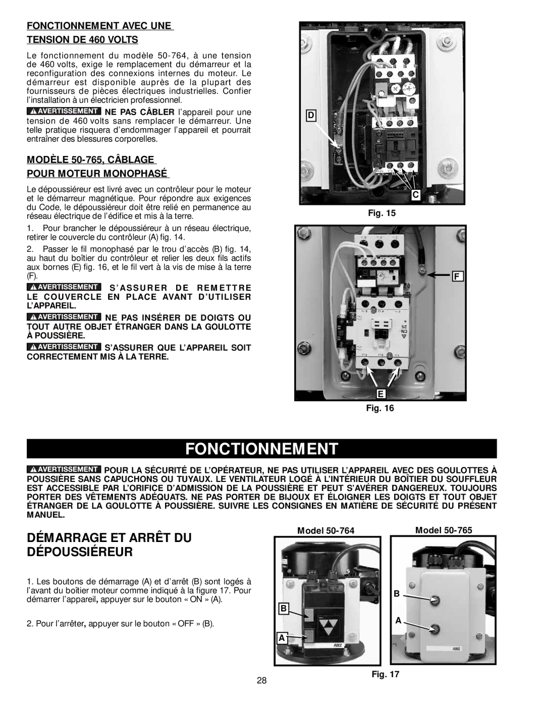 Delta 50-765, 50-764 instruction manual Fonctionnement, Démarrage ET Arrêt DU Dépoussiéreur 